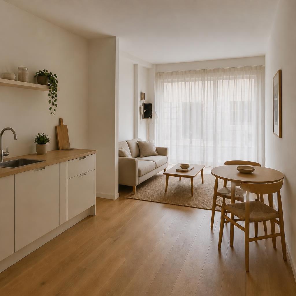Simulación ilustrativa del mismo local reformado como vivienda, con visillos translúcidos que difuminan la vista desde la calle y conservan la luz natural